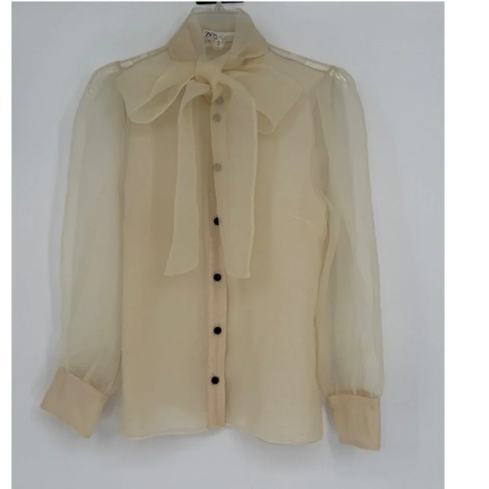Zara Organza Bow Blouse Cream Sheer Button Front Top L Soft Femininity 102-08